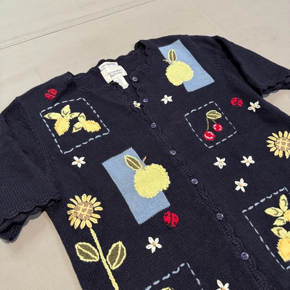 Christopher Bank Navy Blue Embroider Floral Short Sleeve Cardigan Sweater-6-4857 - Picture 4 of 9